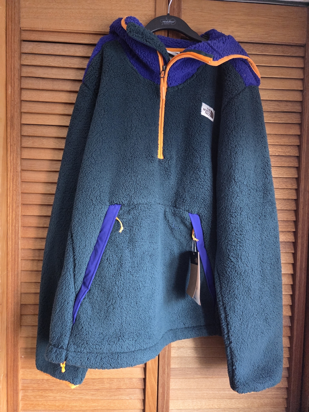 The North Face Green Sherpa Half-Zip Hoodie with Blue & Yellow Accents